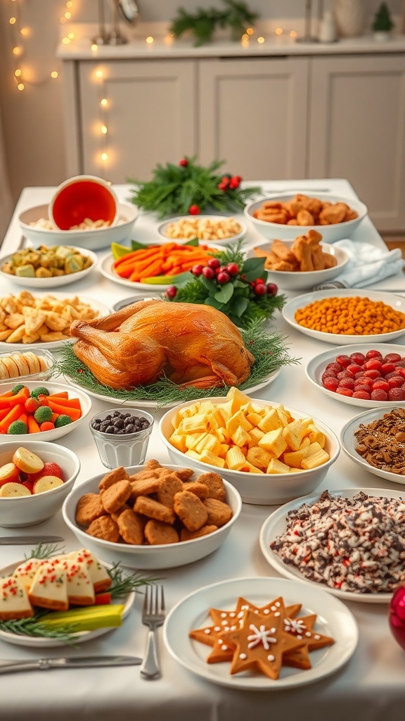 A festive Christmas party table featuring a variety of holiday dishes and decorations.